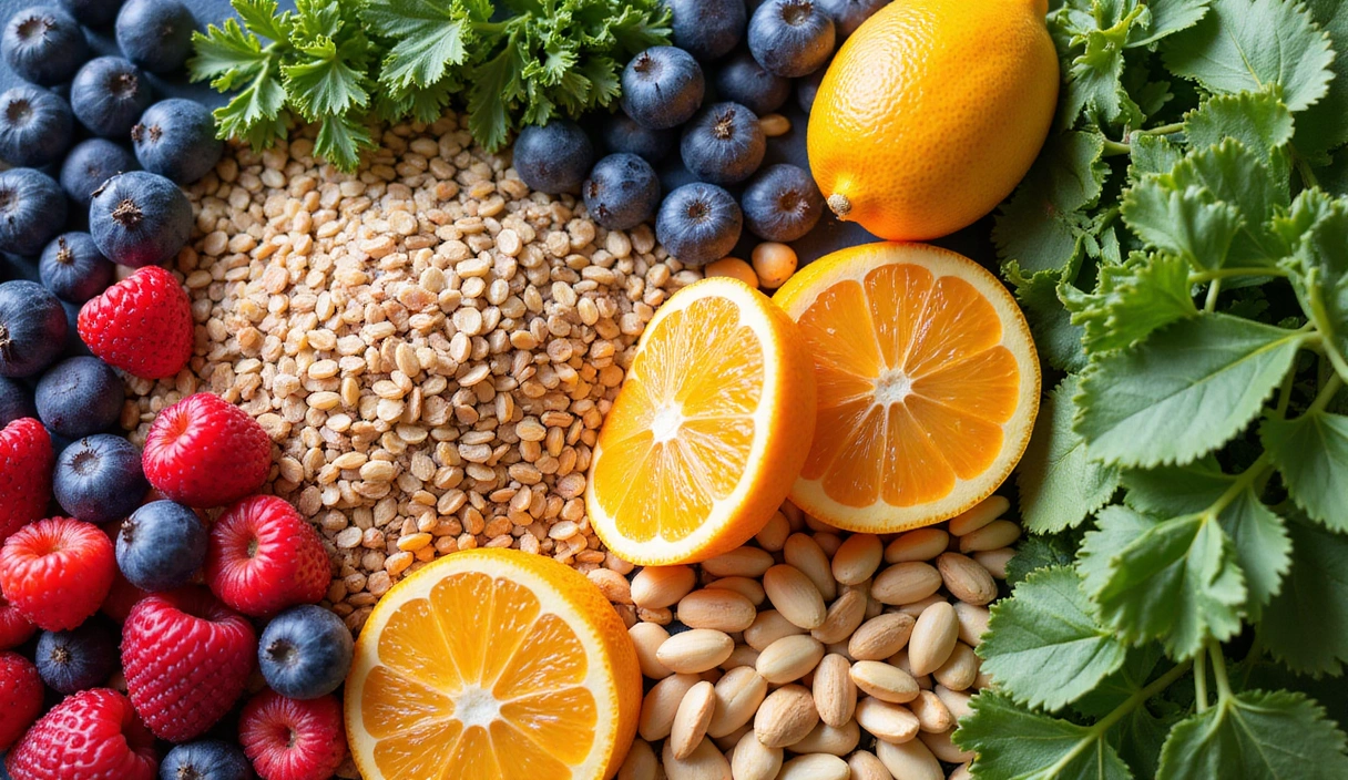 Arrangement of vibrant, healthy foods including fresh fruits, vegetables, and grains on a light background