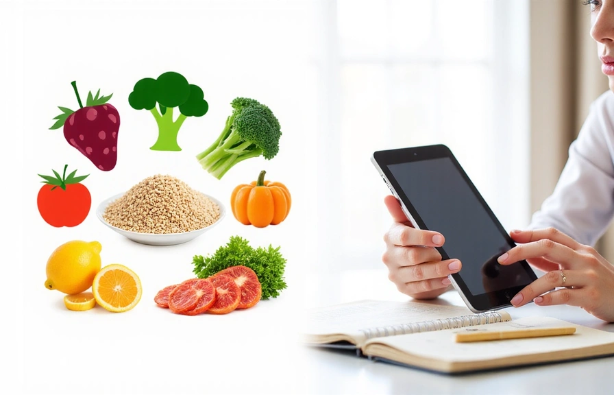 Rappresentazione grafica di vari gruppi alimentari sani e una persona che pianifica un pasto